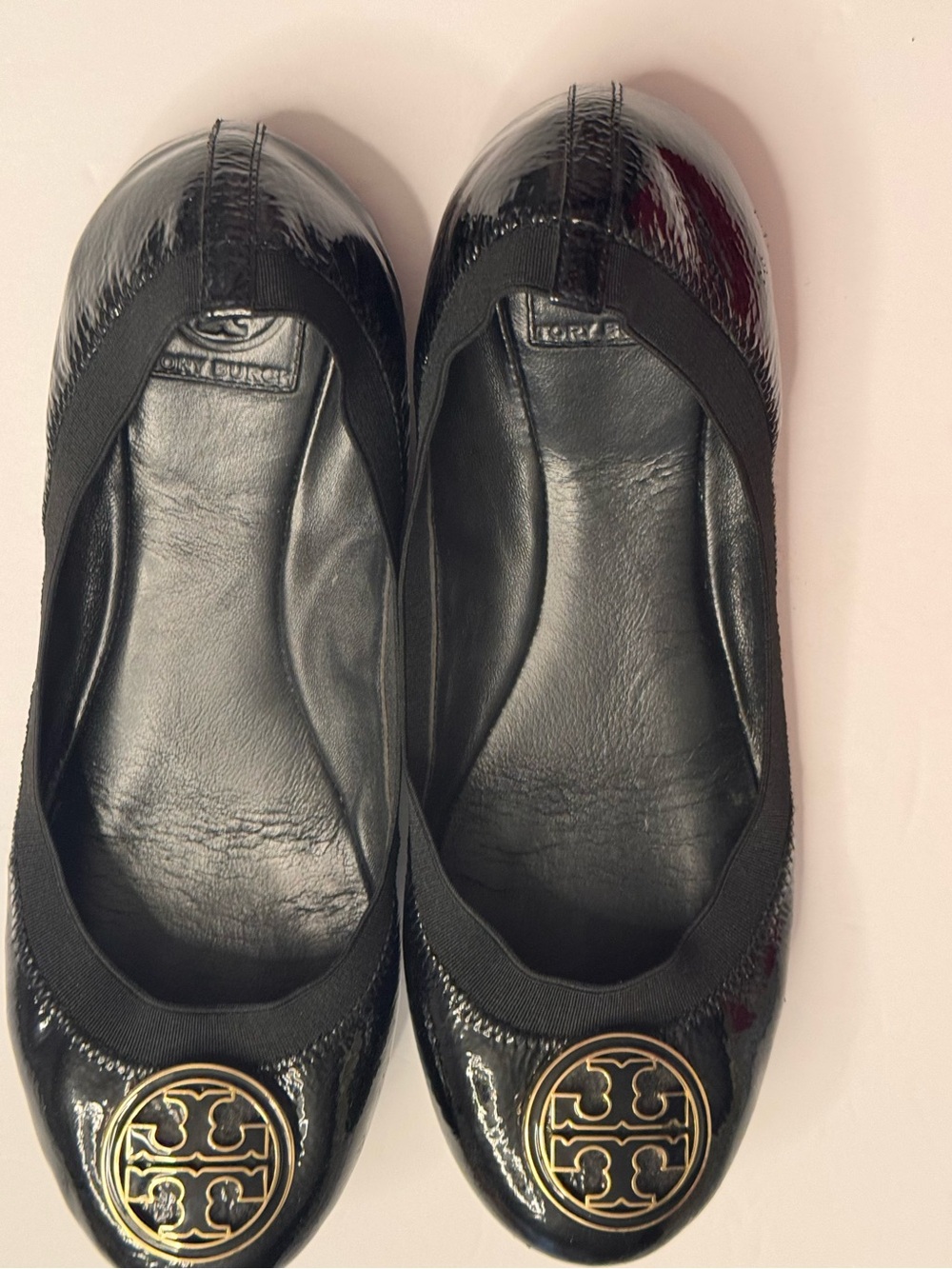 Tory Burch Caroline Naplak elastic Black Patent Logo Medallion Ballet Flats - Picture 8 of 11